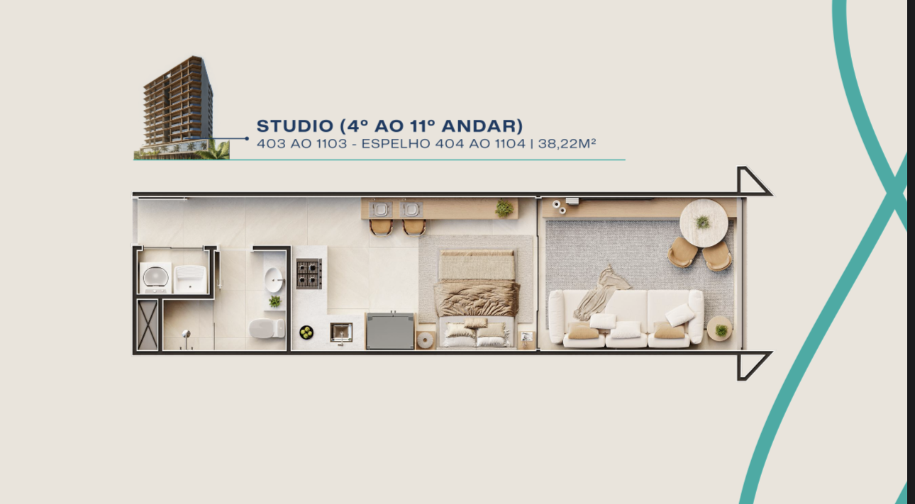 Planta do studio do Acqua Duas Praias com ambientes integrados.