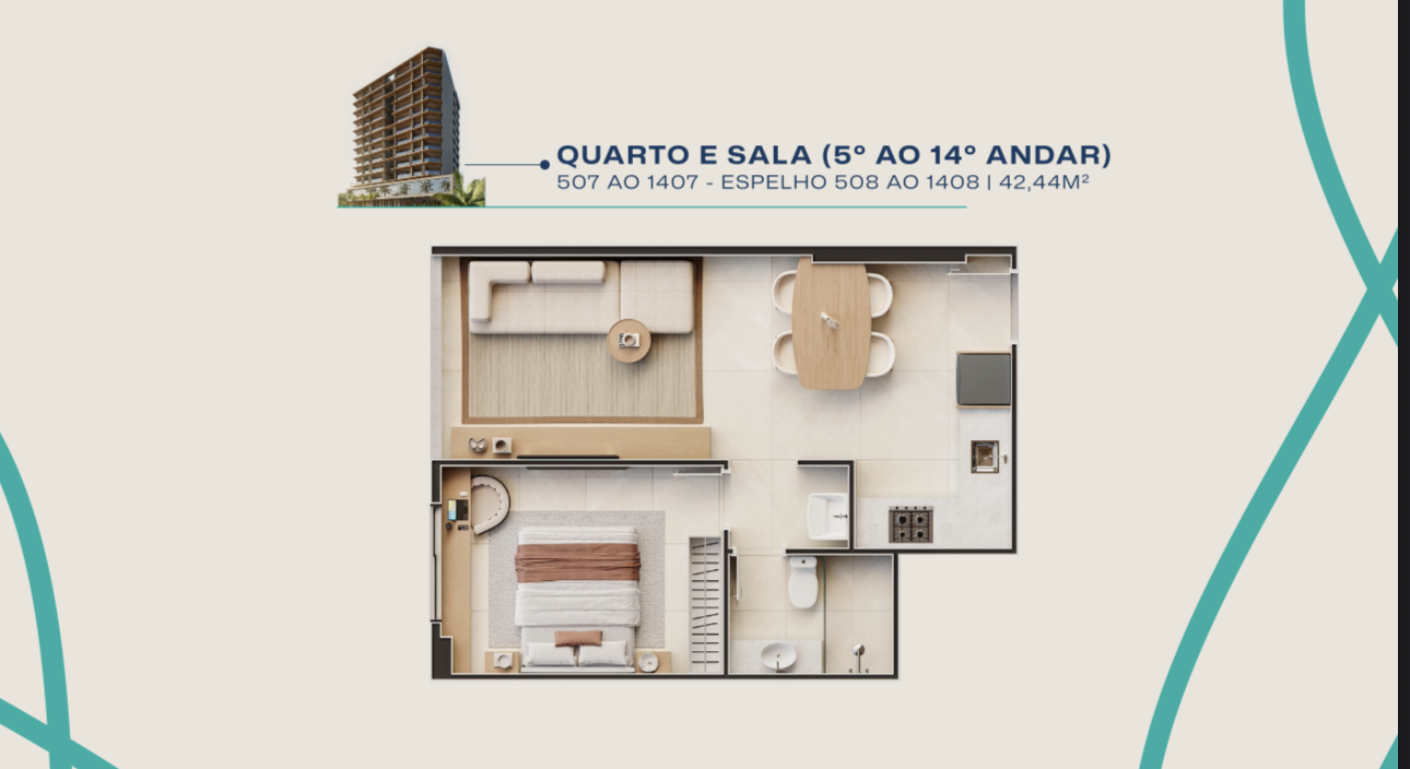 Planta da tipologia quarto e sala do Acqua Duas Praias.