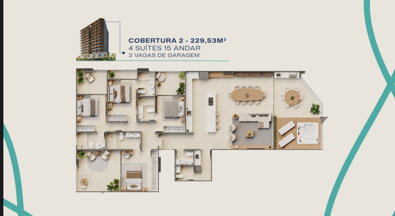 Planta da Cobertura 2 do Acqua Duas Praias com 4 suítes.