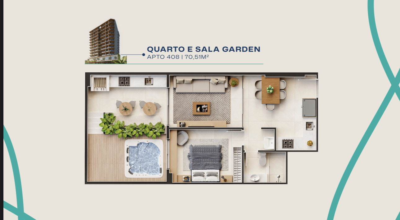 Planta da tipologia quarto e sala garden do Acqua Duas Praias.